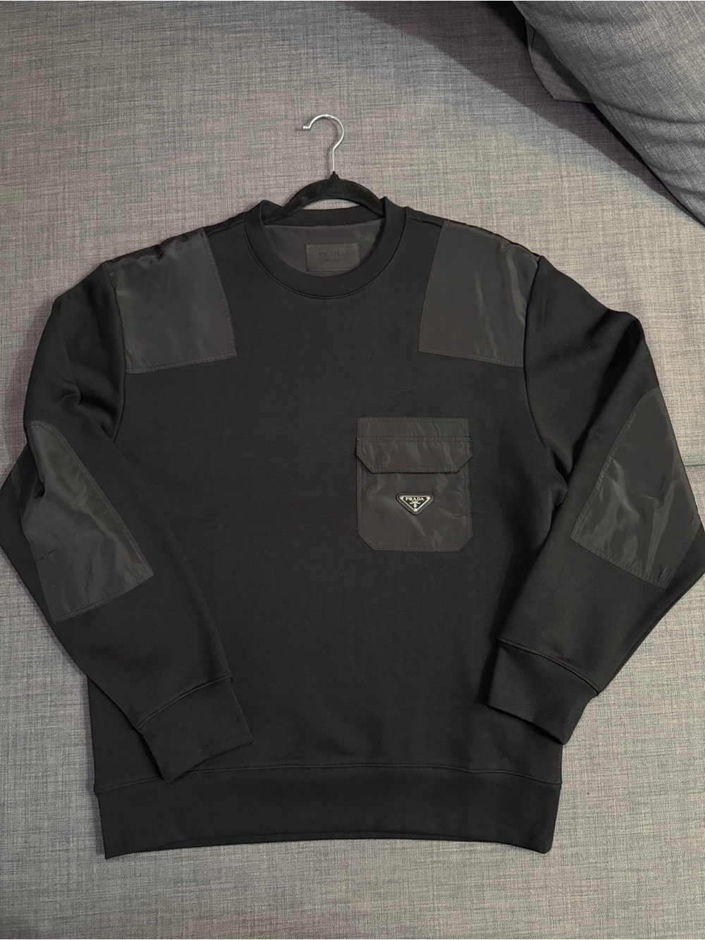 Prada Black Crewneck Sweatshirt with Nylon Patch Pocket